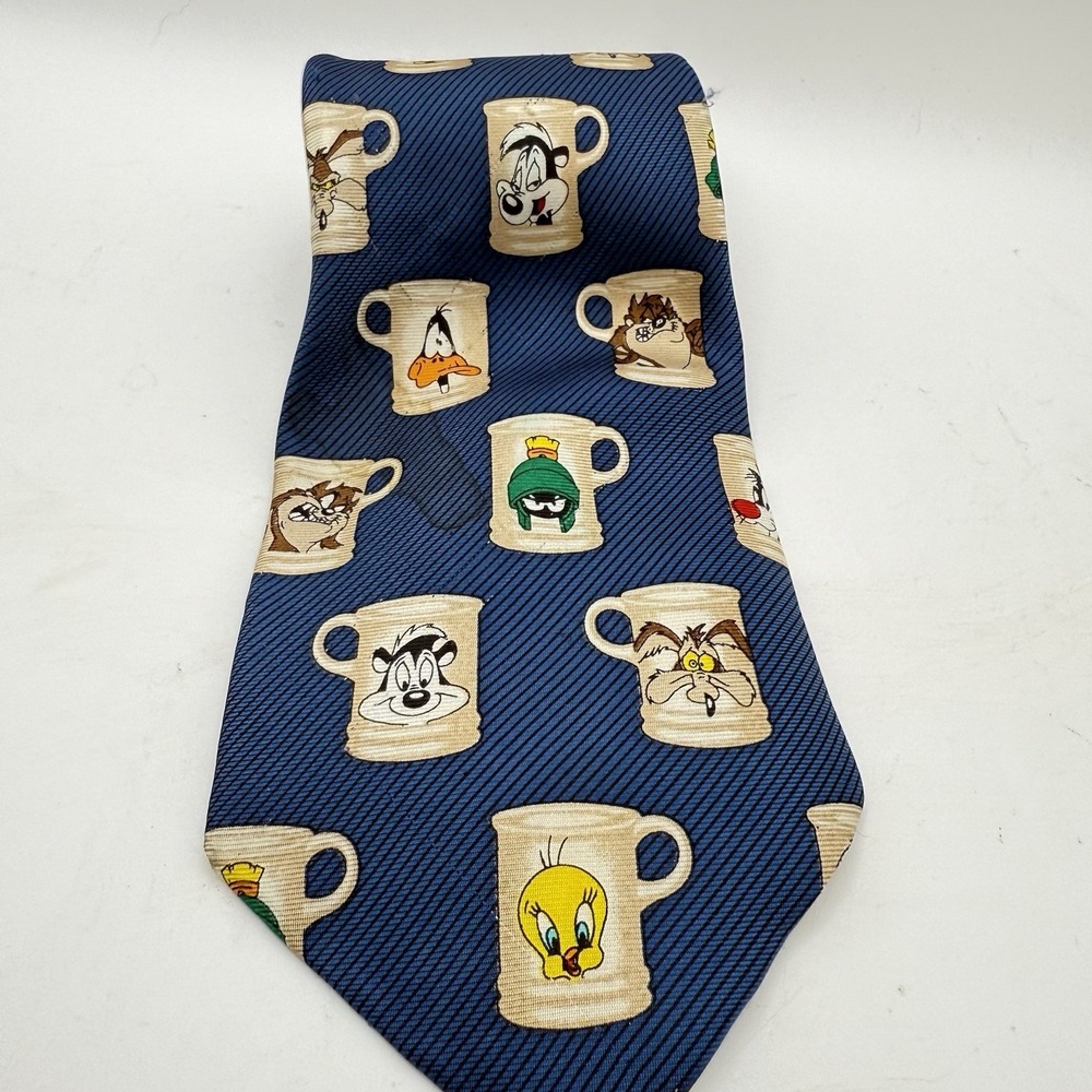 Vintage Looney Toons Characters In Coffee Mugs Silk Tie Tweety Taz Daffy Wiley